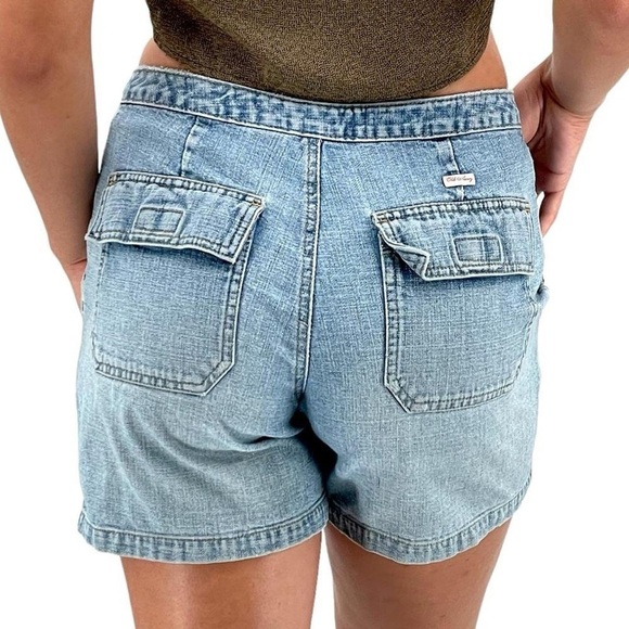 Vintage 90s Jean Shorts Old Navy Drawstring Waist Patch Pocket Light Wash | Sz 4 - Picture 3 of 9